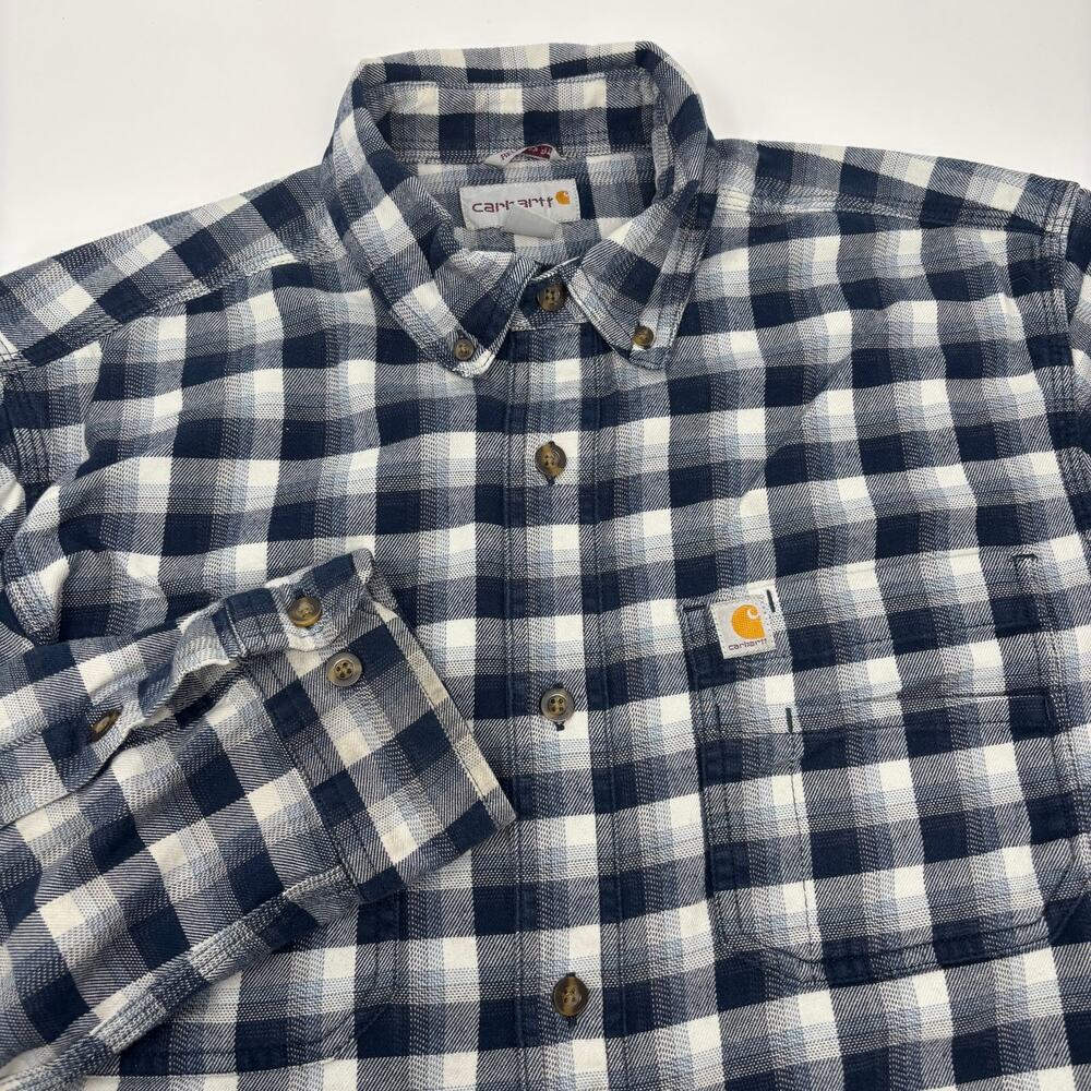 Carhartt Mens Medium Blue White Check Plaid Relaxed Fit Long‎ Sleeve Flannel